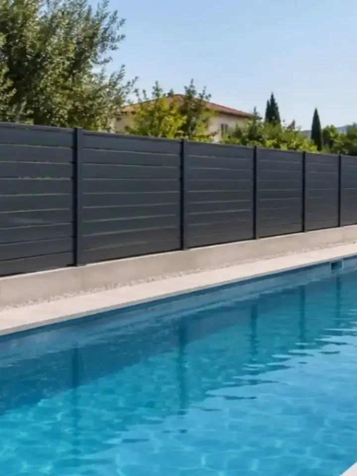 Aluminijska ograda od tamnih lamela uz bazen u dvorištu